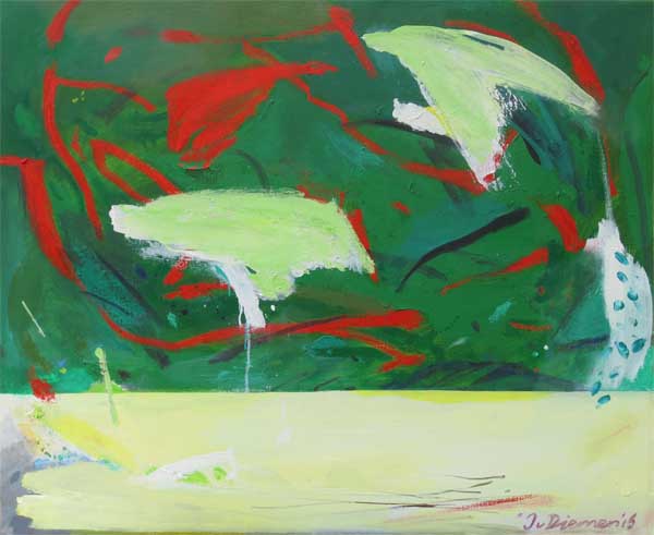 Gemälde dynamische Landschaft mit donker groen und geel von Jan van Diemen, art, painting, dynamic landscape