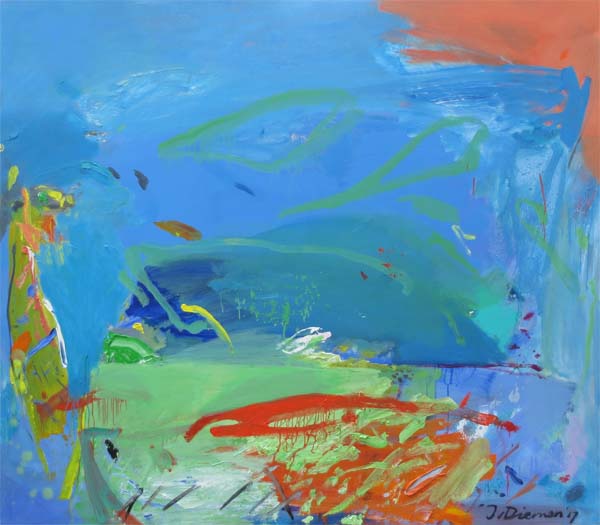 Gemälde dynamische Landschaft mit blauw und groen von Jan van Diemen, art, painting, dynamic landscape