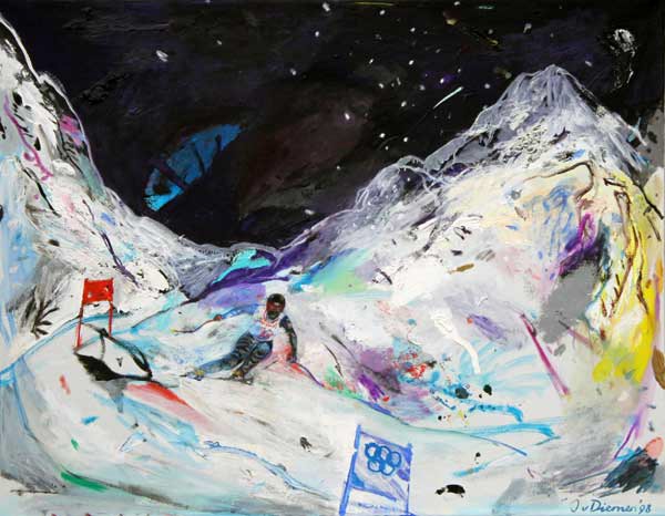 Sportgemälde mit Skifahren von Jan van Diemen, art, painting, sports